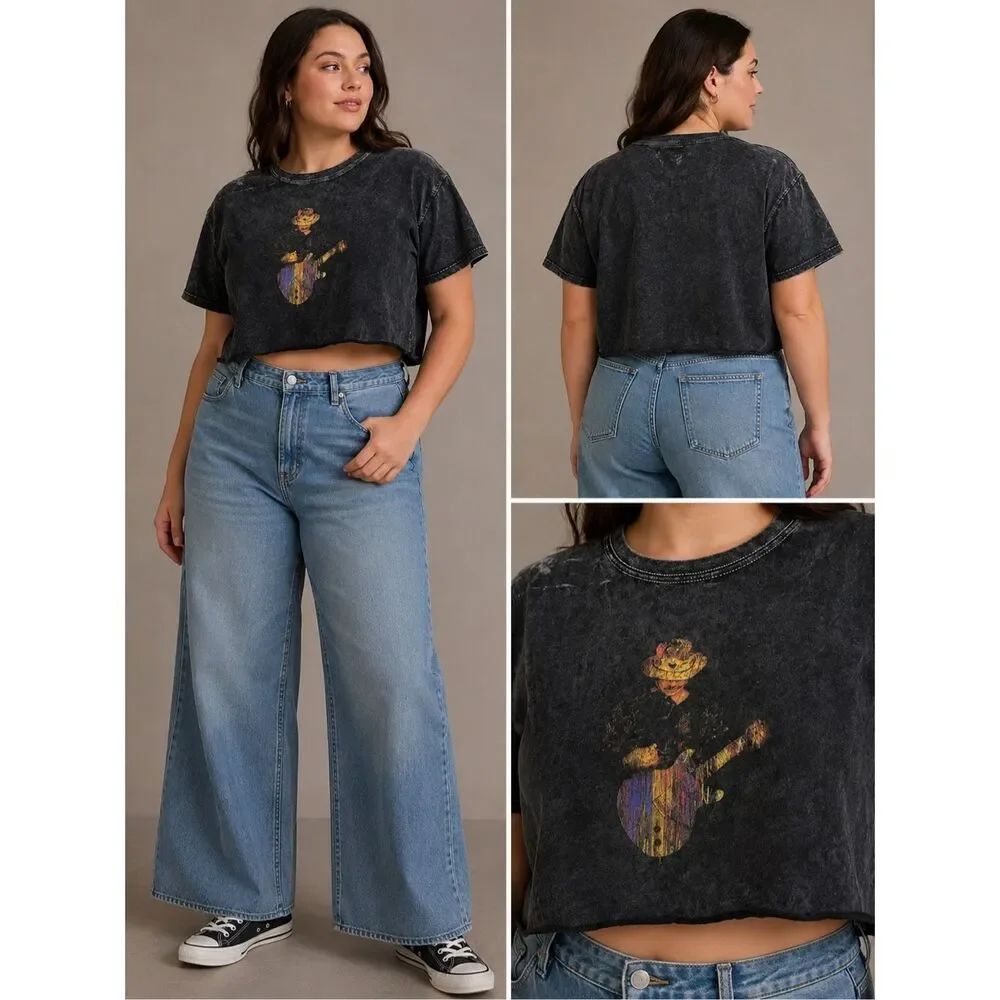 Santana by Carlos Santana Cropped Graphic T-Shirt XL Black Acid Wash Guitar Tee